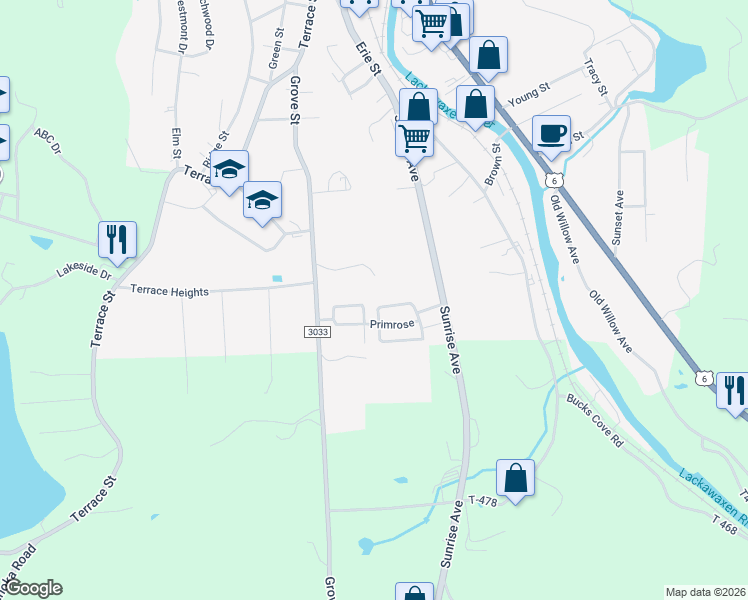 map of restaurants, bars, coffee shops, grocery stores, and more near 307 Saint James Circle in Honesdale