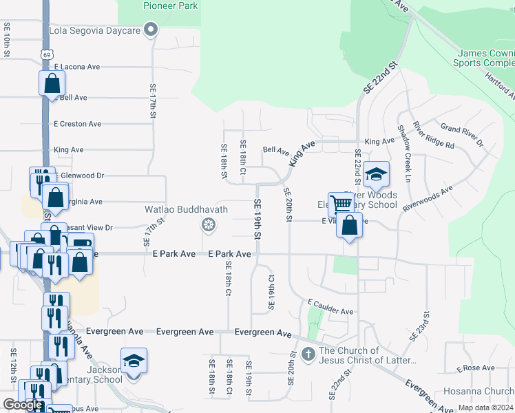 map of restaurants, bars, coffee shops, grocery stores, and more near 2933 Southeast 19th Street in Des Moines
