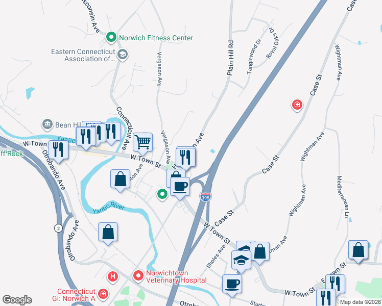 map of restaurants, bars, coffee shops, grocery stores, and more near 21 Huntington Avenue in Norwich
