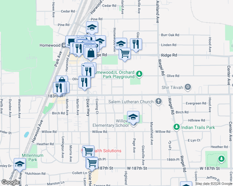 map of restaurants, bars, coffee shops, grocery stores, and more near 1828 183rd Street in Homewood