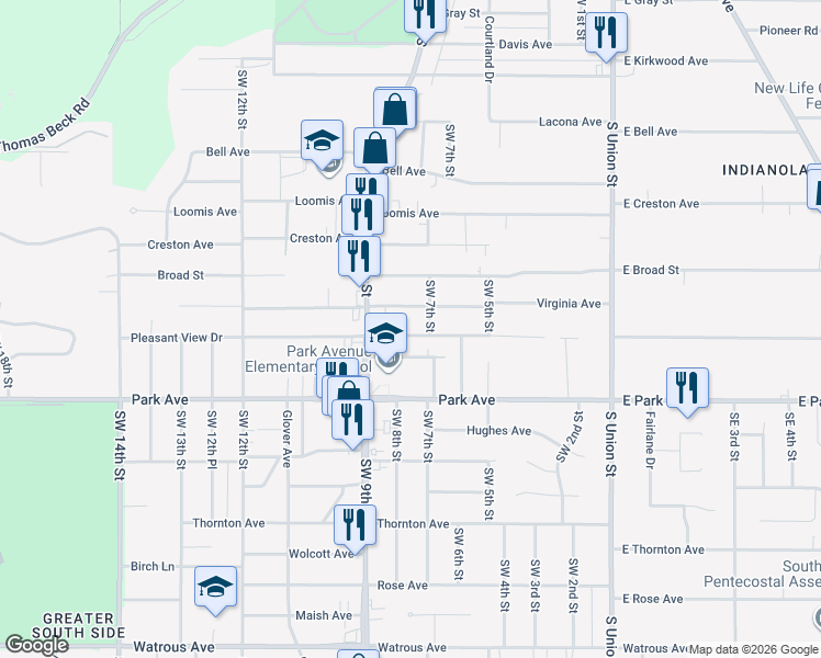 map of restaurants, bars, coffee shops, grocery stores, and more near 709 Pleasant View Drive in Des Moines
