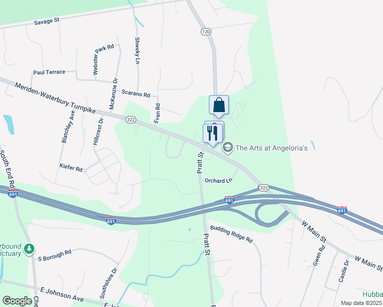 map of restaurants, bars, coffee shops, grocery stores, and more near 24 Pratt Street in Southington