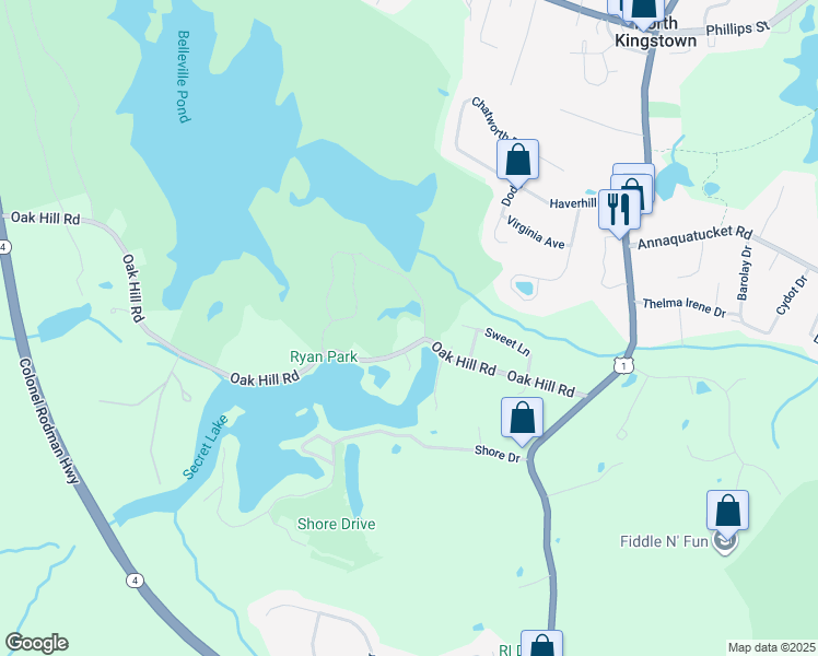 map of restaurants, bars, coffee shops, grocery stores, and more near 197 Oak Hill Road in North Kingstown
