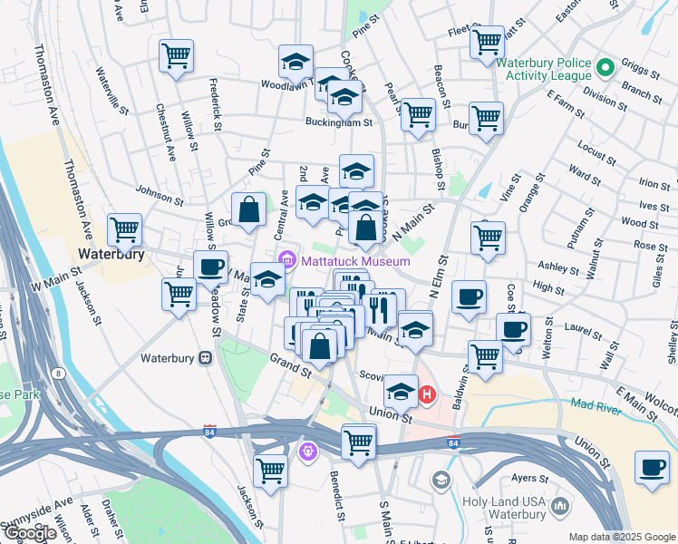 map of restaurants, bars, coffee shops, grocery stores, and more near 34 Prospect Street in Waterbury
