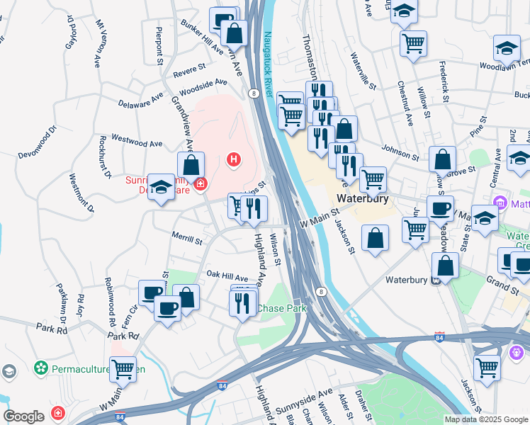 map of restaurants, bars, coffee shops, grocery stores, and more near 990 West Main Street in Waterbury