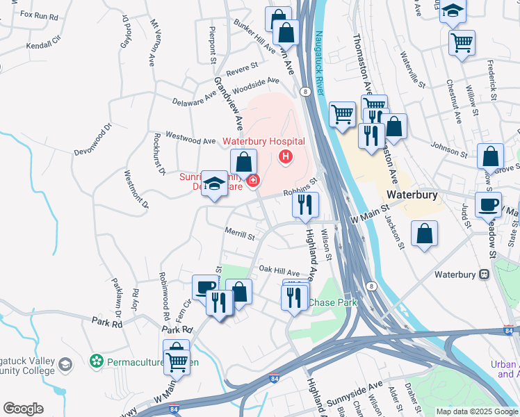 map of restaurants, bars, coffee shops, grocery stores, and more near 28 Grandview Avenue in Waterbury
