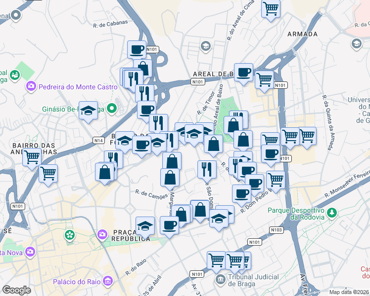 map of restaurants, bars, coffee shops, grocery stores, and more near 14 Rua Conselheiro Bento Miguel in Braga