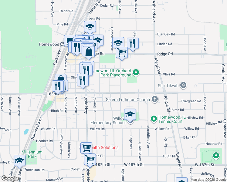 map of restaurants, bars, coffee shops, grocery stores, and more near 1828 183rd Street in Homewood