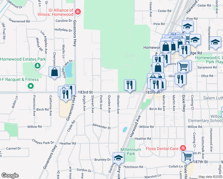 map of restaurants, bars, coffee shops, grocery stores, and more near 2440 183rd Street in Homewood