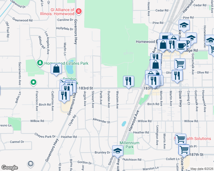 map of restaurants, bars, coffee shops, grocery stores, and more near 2440 183rd Street in Homewood