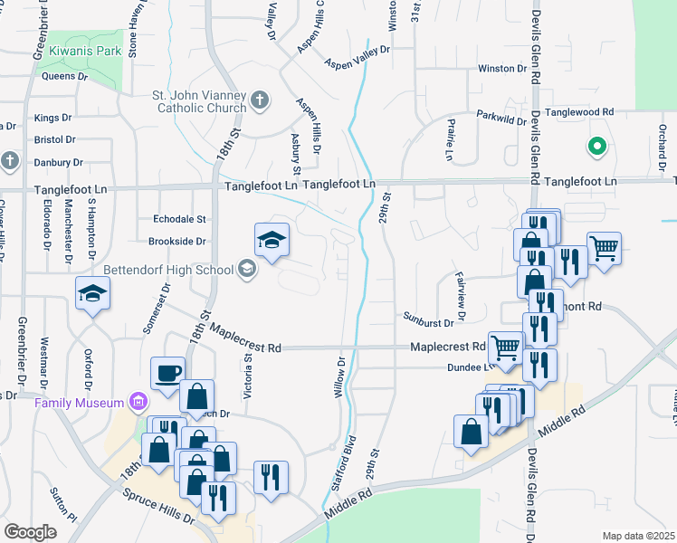 map of restaurants, bars, coffee shops, grocery stores, and more near 3596 North Willow Court in Bettendorf