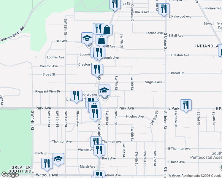 map of restaurants, bars, coffee shops, grocery stores, and more near 709 Pleasant View Drive in Des Moines