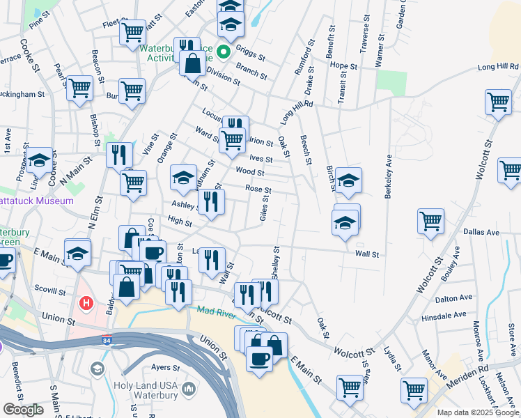map of restaurants, bars, coffee shops, grocery stores, and more near 81 Giles Street in Waterbury