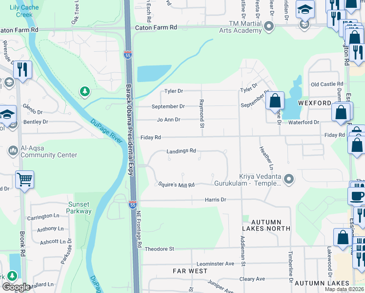 map of restaurants, bars, coffee shops, grocery stores, and more near 3801 Landings Rd in Joliet