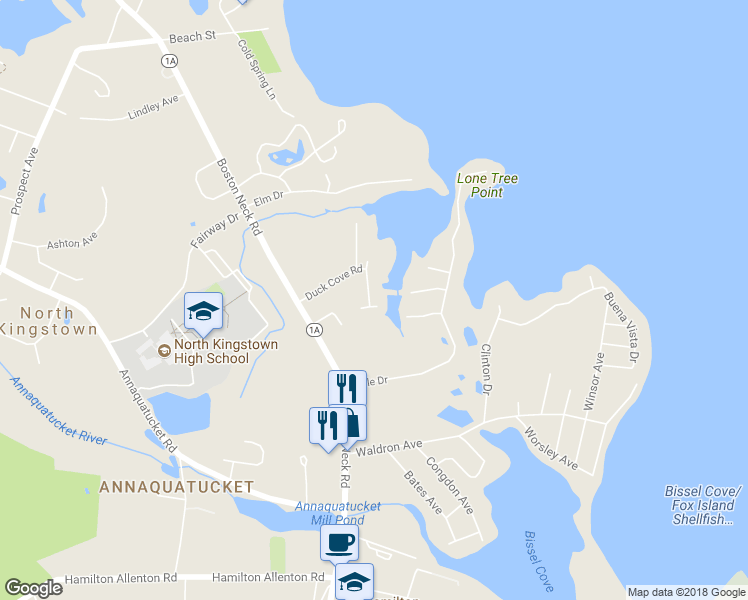 map of restaurants, bars, coffee shops, grocery stores, and more near 150 Duck Cove Road in North Kingstown