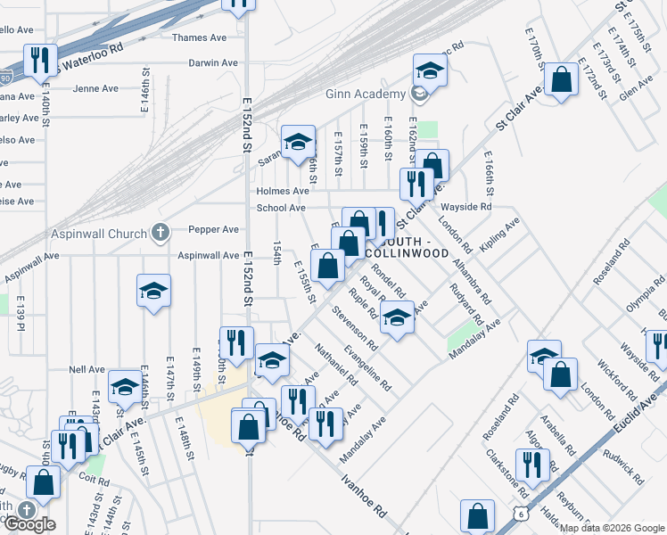 map of restaurants, bars, coffee shops, grocery stores, and more near 835 East 156th Street in Cleveland