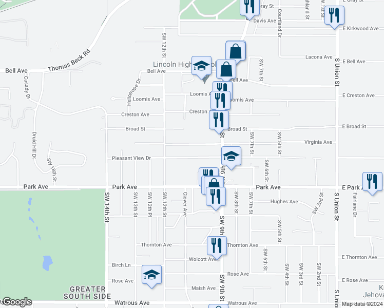 map of restaurants, bars, coffee shops, grocery stores, and more near 1013 Pleasant View Drive in Des Moines