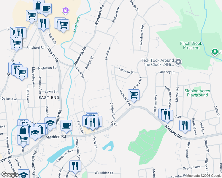 map of restaurants, bars, coffee shops, grocery stores, and more near 180 Capitol Avenue in Waterbury