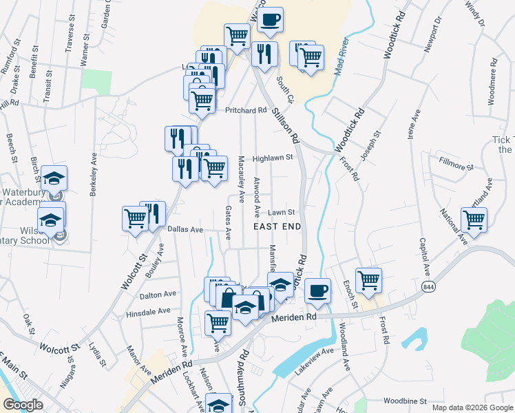 map of restaurants, bars, coffee shops, grocery stores, and more near Atwood Avenue in Waterbury