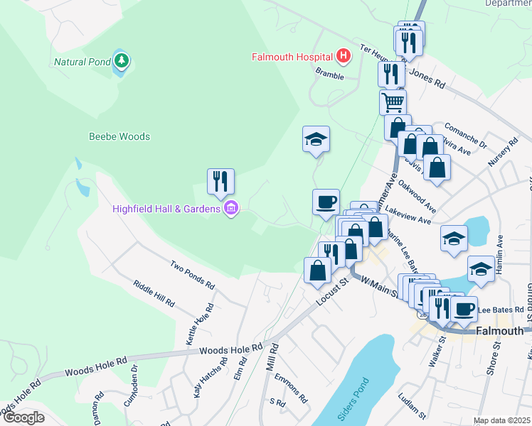 map of restaurants, bars, coffee shops, grocery stores, and more near 45 Highfield Drive in Falmouth