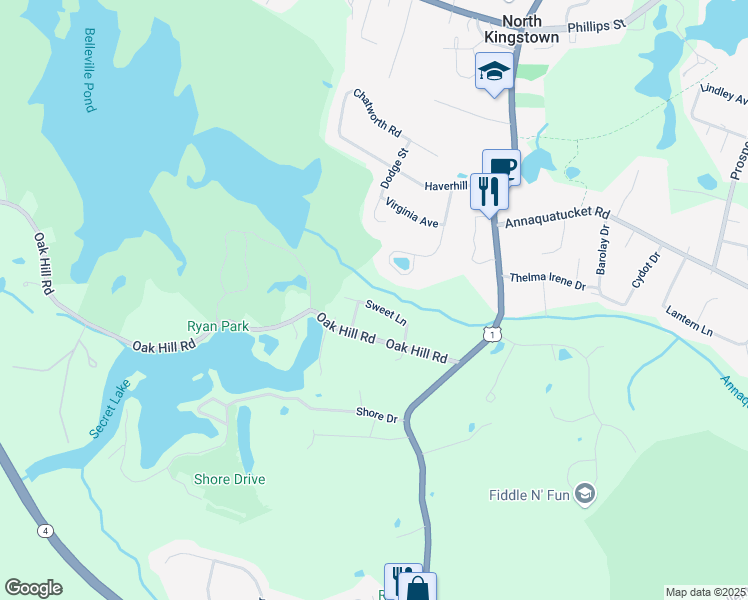 map of restaurants, bars, coffee shops, grocery stores, and more near 85 Sweet Lane in North Kingstown