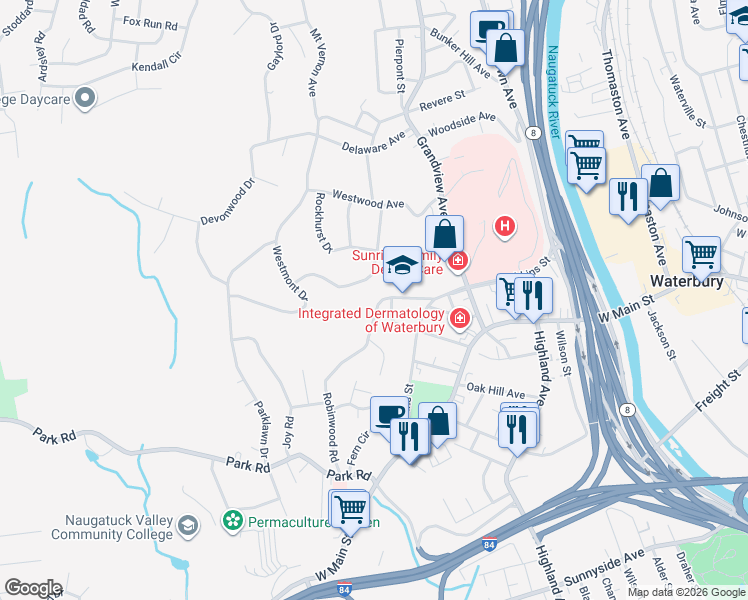 map of restaurants, bars, coffee shops, grocery stores, and more near 337 Robinwood Road in Waterbury