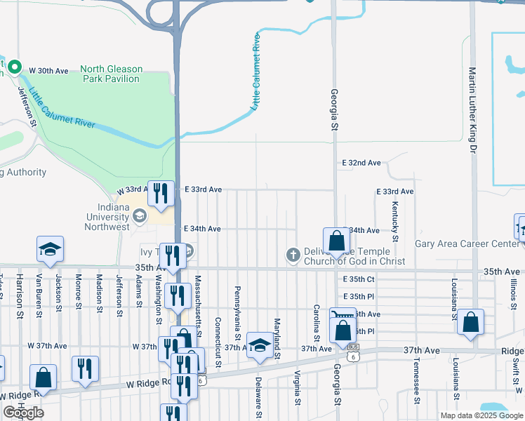 map of restaurants, bars, coffee shops, grocery stores, and more near 3357 Delaware Street in Gary