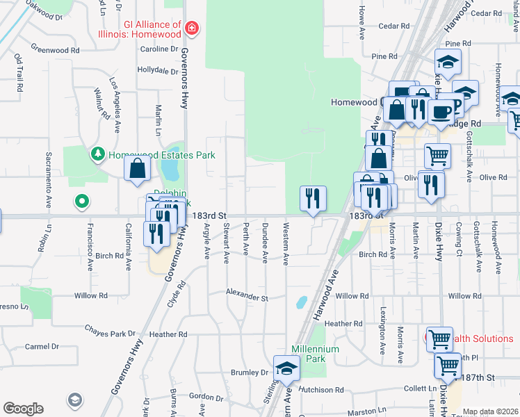 map of restaurants, bars, coffee shops, grocery stores, and more near 2440 183rd Street in Homewood