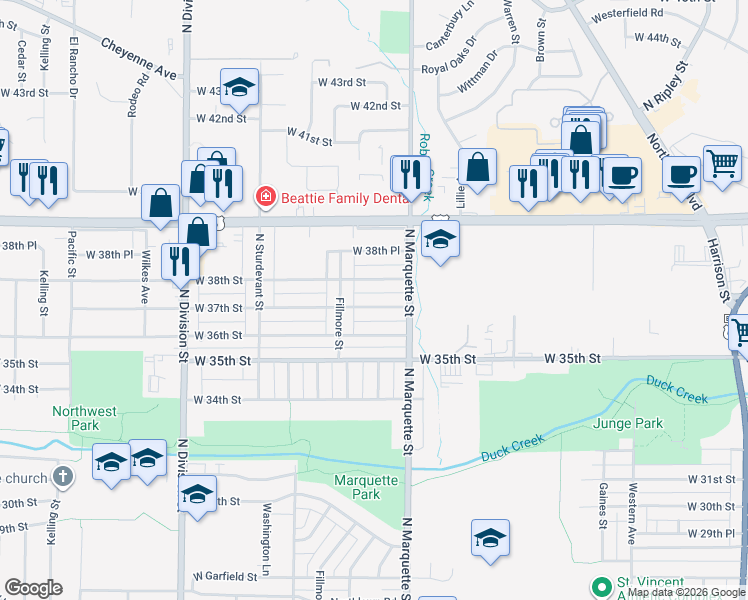 map of restaurants, bars, coffee shops, grocery stores, and more near 1340 West 37th Street in Davenport