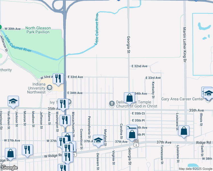 map of restaurants, bars, coffee shops, grocery stores, and more near 3357 Maryland Street in Gary