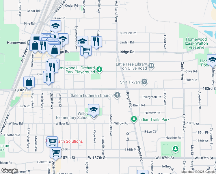map of restaurants, bars, coffee shops, grocery stores, and more near 1638 183rd Street in Homewood