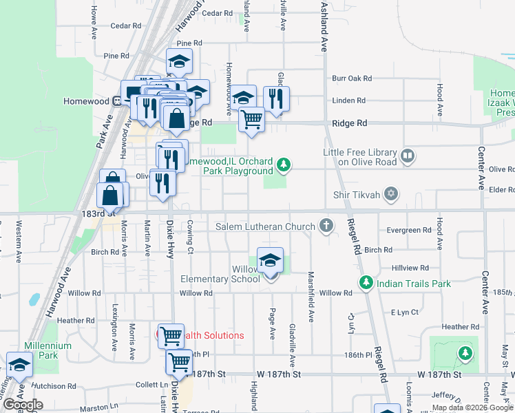 map of restaurants, bars, coffee shops, grocery stores, and more near 1750 183rd Street in Homewood