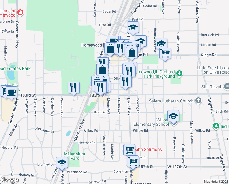 map of restaurants, bars, coffee shops, grocery stores, and more near 2054 183rd Street in Homewood