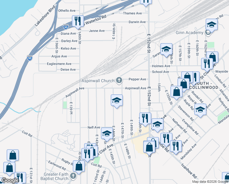 map of restaurants, bars, coffee shops, grocery stores, and more near 821 East 146th Street in Cleveland