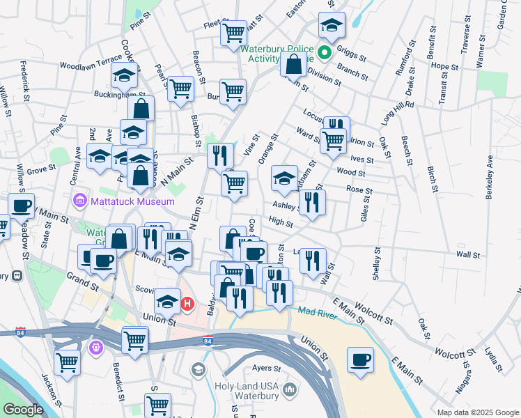map of restaurants, bars, coffee shops, grocery stores, and more near 115 Orange Street in Waterbury