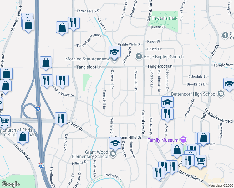 map of restaurants, bars, coffee shops, grocery stores, and more near 3416 Welshire Drive in Bettendorf