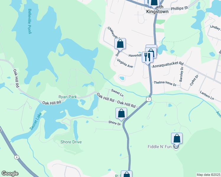 map of restaurants, bars, coffee shops, grocery stores, and more near 85 Sweet Lane in North Kingstown