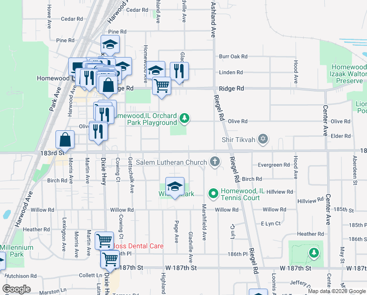 map of restaurants, bars, coffee shops, grocery stores, and more near 1704 183rd Street in Homewood