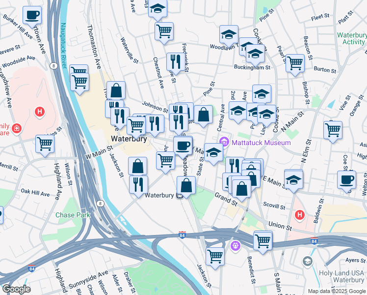 map of restaurants, bars, coffee shops, grocery stores, and more near 495 Meadow Street in Waterbury
