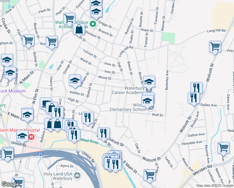 map of restaurants, bars, coffee shops, grocery stores, and more near 123 Shelley Street in Waterbury