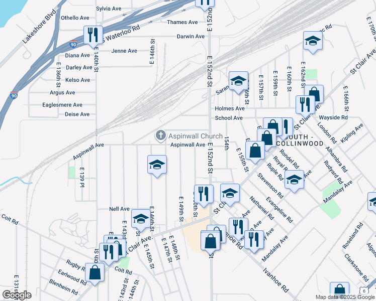 map of restaurants, bars, coffee shops, grocery stores, and more near 822 East 150th Street in Cleveland
