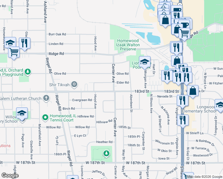 map of restaurants, bars, coffee shops, grocery stores, and more near 1204 183rd Street in Homewood