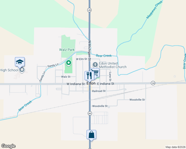 map of restaurants, bars, coffee shops, grocery stores, and more near 101 Park St in Edon