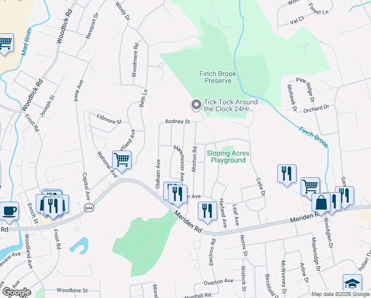 map of restaurants, bars, coffee shops, grocery stores, and more near 8 Cheryl Jane Drive in Waterbury