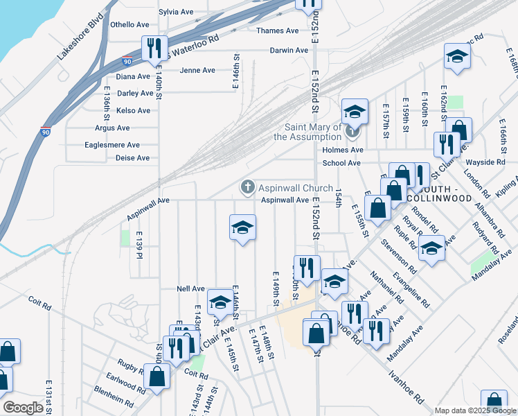 map of restaurants, bars, coffee shops, grocery stores, and more near 821 East 147th Street in Cleveland