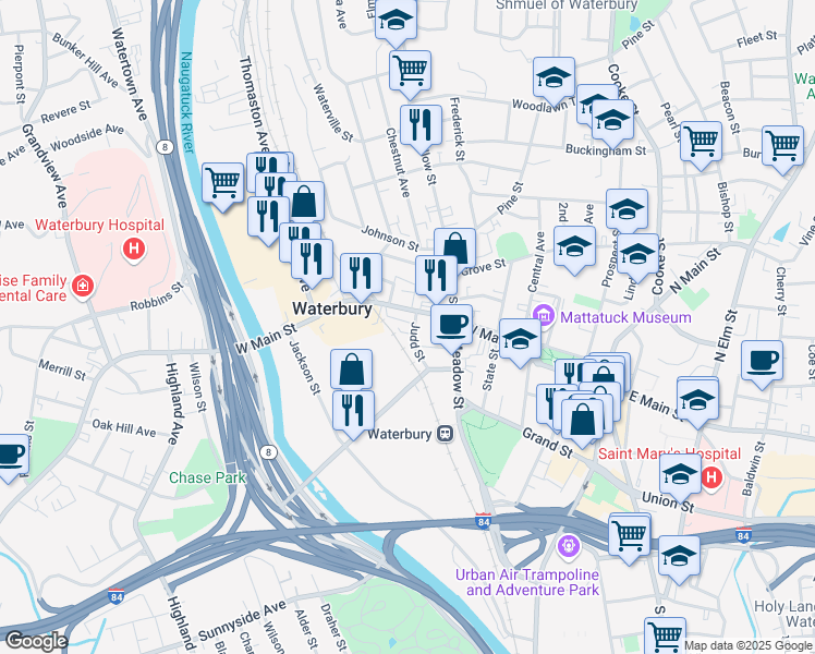 map of restaurants, bars, coffee shops, grocery stores, and more near 20 Judd Street in Waterbury