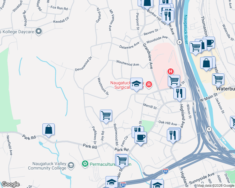 map of restaurants, bars, coffee shops, grocery stores, and more near 129 Midwood Avenue in Waterbury