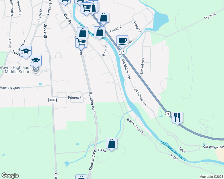 map of restaurants, bars, coffee shops, grocery stores, and more near 430 Erie Street in Honesdale