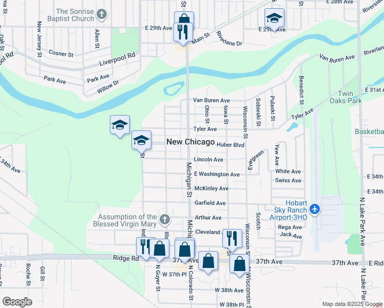 map of restaurants, bars, coffee shops, grocery stores, and more near 3315 Michigan Street in Hobart