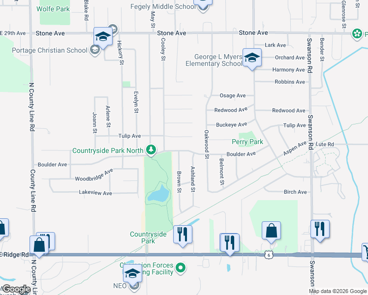 map of restaurants, bars, coffee shops, grocery stores, and more near 5326-5356 Boulder Avenue in Portage